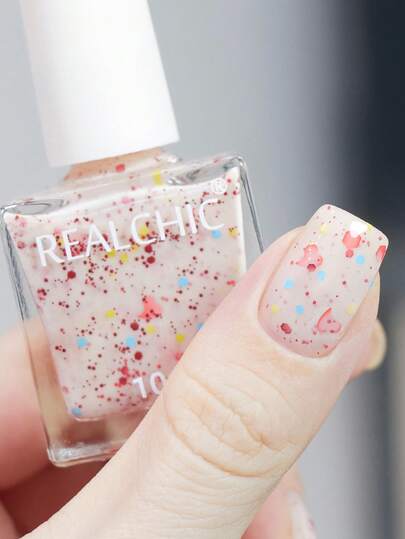REALCHIC 10毫升/瓶，可爱爱心亮片粉色美甲油，水性指甲油，快干，持久，可撕拉，春夏色彩，女士美甲艺术