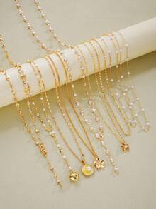 3件套混搭复古夸张造型项链套装，包含硬币、心形、贝壳花、仿珍珠Y型项链，适合姐妹、情侣、度假、约会、送礼、日常、休闲、派对、婚礼等场合。 - 彩色 - 查看 4