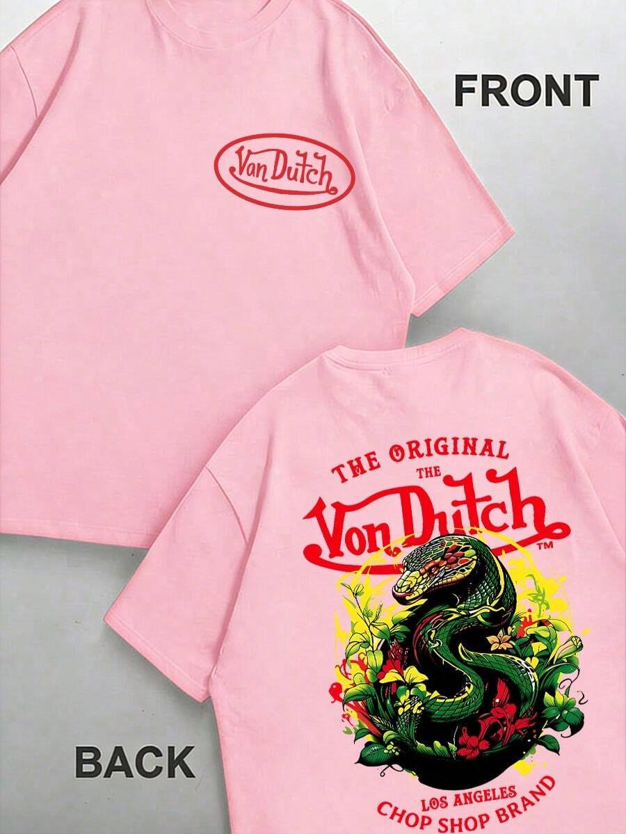 White 1pcs Women's Double Side Print Von Ditch Dragon Floral Design Red And Green Print Fabric Soft & Skin-Friendly Unisex Style Gifts For Spring Festival, Valentine's Day, St. Patrick's Day & World Cup-Van Dutch Dragon Print Women T Shirt Classic Americana Style Graphic,Summer Outfits,Vacation Outfits Women,Summer Outfits For Women,Spring Outfits For Women,Summer Tops,St Pattys Day Outfit,Easter Outfit Women - 粉色 - 查看 1