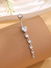 1pc Stainless Steel Navel Ring With Large Heart-Shaped Zirconia Inlay, 5 Small Round Zirconia Pendants, Snowflake Design, Sexy Navel Piercing Jewelry For Women, Suitable For Festivals - Heart + 5 Zirconium - View 5