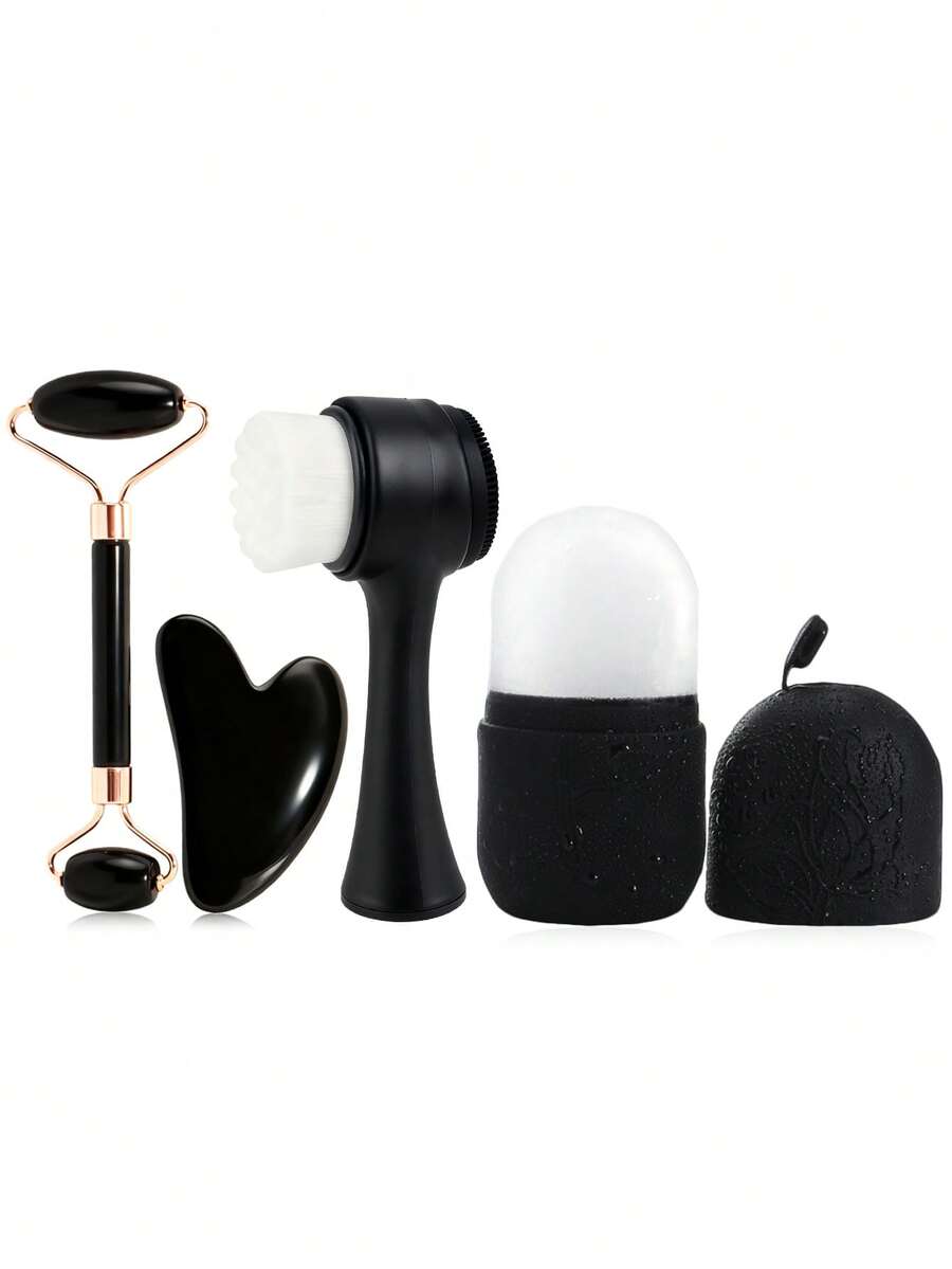 Bộ chăm sóc da mặt 4 món dòng Black Series: Con lăn massage bằng nhựa + Bảng Gua Sha hình trái tim + Bàn chải làm sạch hai mặt + Túi chườm đá, dụng cụ làm đẹp, nâng cơ và săn chắc da tại nhà. - Bộ sản phẩm làm sạch da mặt màu đen - Xem 1