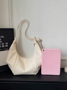1pc Solid Color PU Crescent Shoulder Bag, Large Capacity, Fashionable For Adult Women, Suitable For Outings And Shopping - Beige - View 6