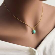 1pc Minimalist Versatile Asymmetrical 3D Malachite Turquoise Necklace, 18K Gold Plated Stainless Steel Choker, Suitable For Women's Daily And Party Wear - Yellow Gold - View 8