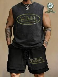 Y2K Streetwear Men's VonDutch Olive Green Logo Washed Tank Top & Drawstring Layered Shorts Two Piece Outfit - màu đen - Xem 1