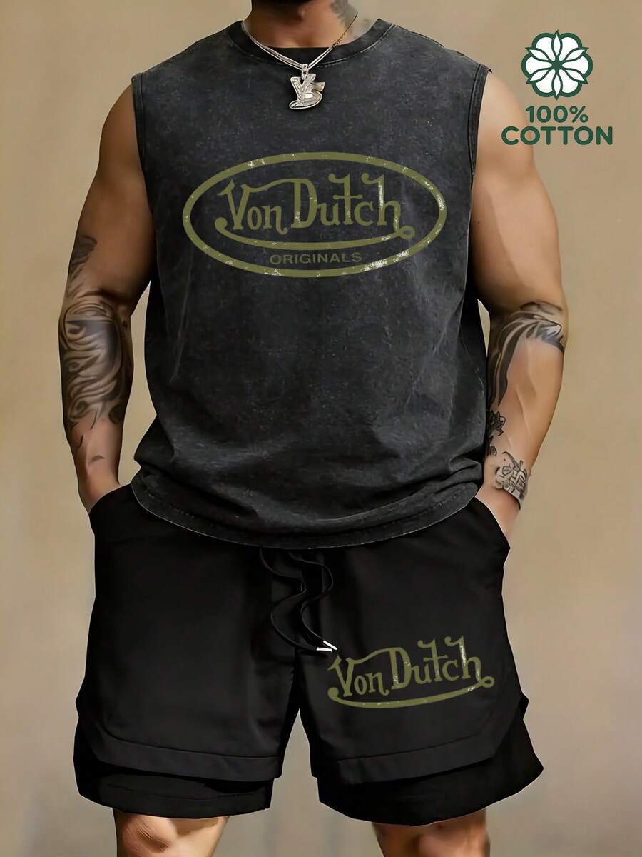 Y2K Streetwear Men's VonDutch Olive Green Logo Washed Tank Top & Drawstring Layered Shorts Two Piece Outfit - màu đen - Xem 1