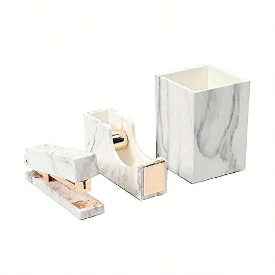 Portalápices de plástico ABS con impresión estilo mármol blanco para organizar cosas de escribir también para cosméticos y accesorios de computadora Blanco mármol Pen Holder and Tape Dispenser and Stapler - como en la foto - Ver 1