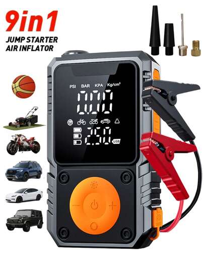 9-in-1 Multifunktions-Starthilfe, mit 150 PSI Luftkompressor, digitalem Reifendruckmesser, tragbares Autobatterie-Ladegerät, geeignet zum Starten von bis zu 10 Litern Benzin/9 Litern LED-Notbeleuchtung und USB-Aufladung, Kfz-Notfall-Werkzeug. Ideal als Geschenk für Feiertage.