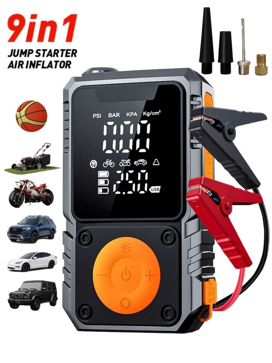 9-In-1 Multifunctional Emergency Jump Starter With 150PSI Air Pump, Digital Tire Inflator, Portable Car Battery Charger, LED Emergency Light & USB Charging, Car Emergency Tool