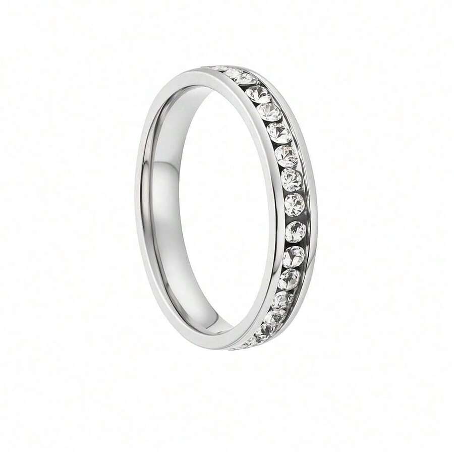 Silver Ring Set With White Cubic Zirconia Stones, 3mm, Elegant, Casual, Luxury, Chic, Anatomical, Traditional. - 銀色 - 查看 1