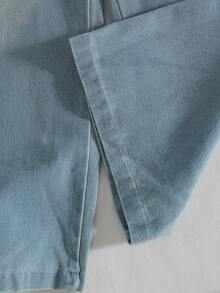 Bộ đồ denim thời trang cho bé gái, gồm áo hai dây thiết kế bèo nhún và quần jeans ống rộng rách dáng thoải mái, bộ đồ 2 mảnh thường ngày thoải mái. - Màu xanh lam - Xem 3