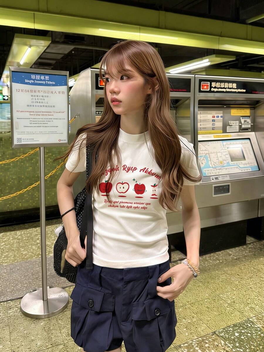 苹果字母印花设计露肩短袖T恤,女士夏季性感修身复古美式休闲白色上衣 - 白色 - 查看 1