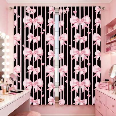 2片装粉色和黑色可爱蝴蝶结图案半遮光窗帘，免打孔杆袋设计，适用于客厅、厨房、家居装饰、卧室隔断，涤纶材质，可机洗