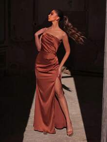 Faeriesty Women's One-Shoulder Satin Mermaid Evening Gown – Ruffle Detailing, Bodycon Fit, High-Leg Slit, For Receptions, Events, Dinners, Parties Party Wedding - Burnt Orange - View 3