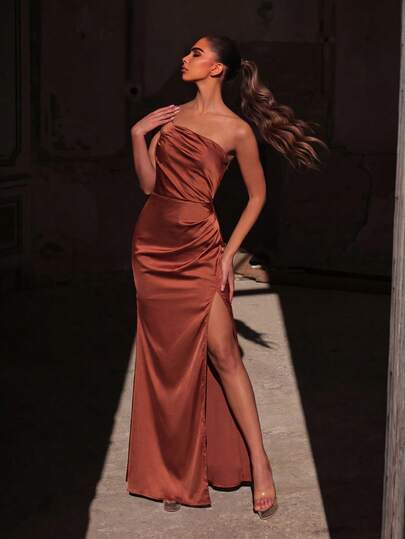 Faeriesty 女士缎面美人鱼晚礼服 - 荷叶边设计，修身剪裁，高开衩，飘逸鱼尾裙摆，适合婚礼、派对、红毯活动、盛大晚宴和正式场合