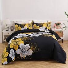 King Size Comforter Set Black/Gold Floral Bedding Comforter Sets Soft Microfiber Bed Comforter Set For All Season 3 Piece Botanical Flowers Comforter, Pillowcases Bedroom Decro Room Decor Valentine Decor - Black / Gold - 查看 14