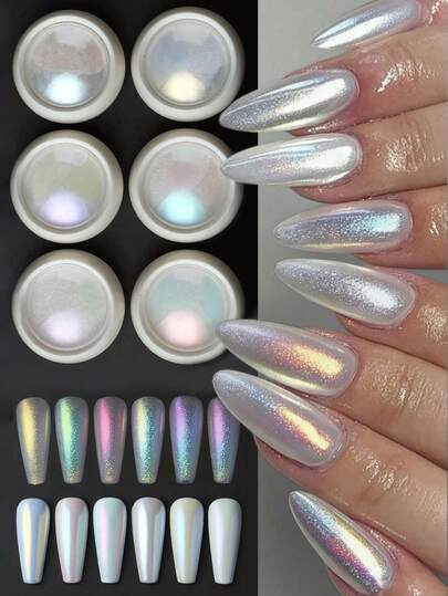 6 Boxes Optical White Pearl Nail Powder, Y2K Spectrum Pigment, Moon Mirror Effect, Friction Glitter, Shimmery Mermaid Decor, Elegant Handmade Manicure, Suitable For Weddings