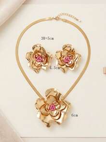 2 Sets Petal Textured Enamel Flower Pendant Necklace + Earrings Set, Vintage Romantic Style With 3D Multi-Layer Petals, Pink Enamel Flower Center, Snake Chain Design, Suitable For Women Who Love Delicate Style And Pursue Exquisite Details For Daily Wear Or Dates - Yellow Gold - View 2