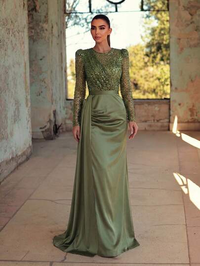 Faeriesty Women's Formal Evening Gown, Fully Embellished With Sequins, Long Sleeves, Mermaid Silhouette, Trailing Design, Elegant Flared Skirt, Suitable For Anniversary Celebrations, Formal Dinners, Red Carpet Events, Weddings And Special Occasions