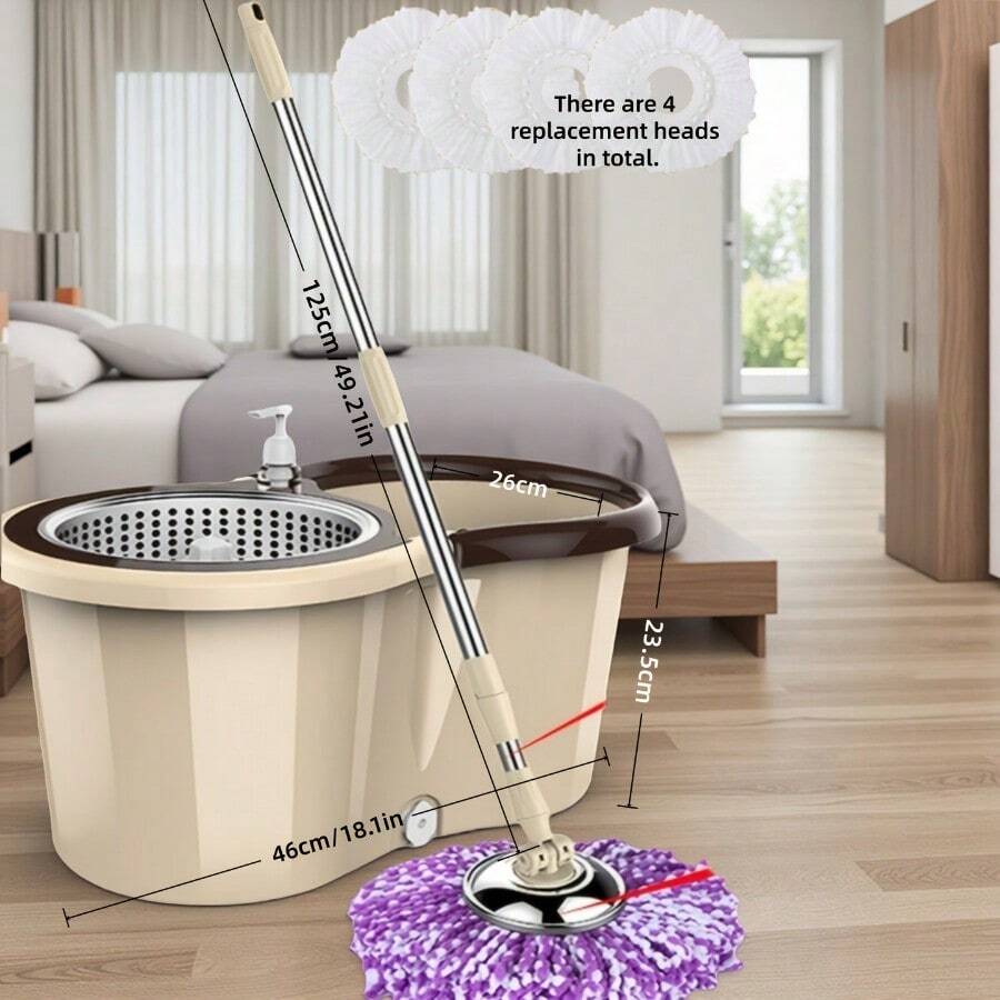 Rotary Mop And Bucket Set, Mop Bucket For Bathroom, School Bathroom, 360° Rotary Mop Bucket System, With 4 Replacement Microfiber Mop Heads And A 47-Inch Adjustable Handle, Used For Floor Cleaning, Bucket-Style Floor Cleaning Tool - Bộ Khaki nâng cấp kèm 4 cây lau nhà. - Xem 1