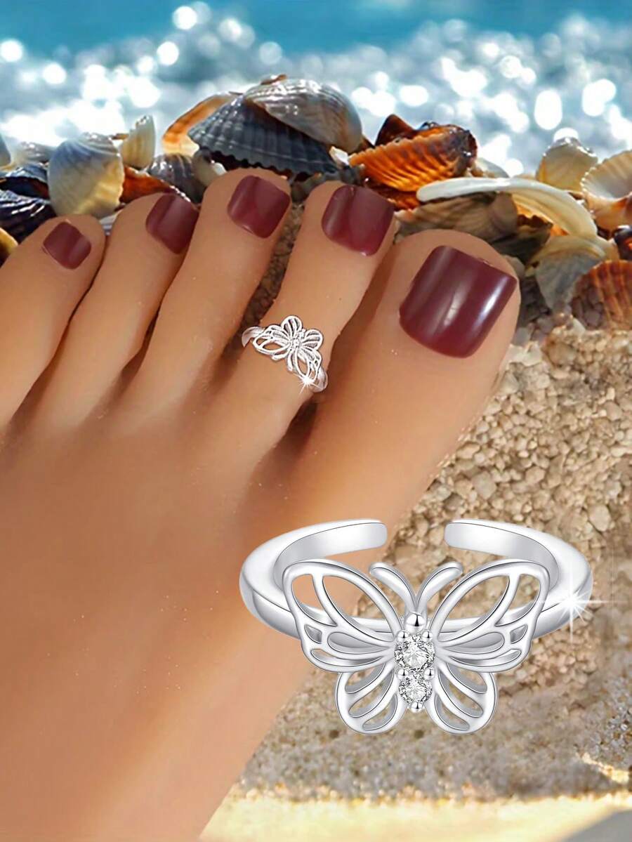 1枚S925纯银镂空蝴蝶造型脚趾戒指，精致浪漫梦幻奢华简约优雅，女士脚趾戒指礼物 - 蝴蝶型 - 查看 1