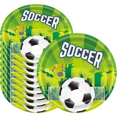 مجموعة أدوات المائدة ذات موضوع كرة القدم الخضراء، تشمل أطباق بقطر 9 بوصات و7 بوصات، مناسبة لحفلات الرياضة والتخييم والشواء والنزهات والحفلات والاحتفالات بأعياد الميلاد، يمكن استخدامها لديكور حفلات الرياضة والمنزل وحفلات أعياد الميلاد والحفلات والاحتفالات بكرة القدم
