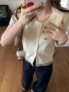 Cute Lace Trim Sweet & Gentle Elegant Solid Color Crew Neck Knit Short Sleeve Top Summer - Beige - View 7