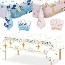 1pc Elegant Disposable Tablecloth With Floral And Cross Patterns - Plastic Party Tablecloth, Suitable For Baptism, First Communion, Confirmation, Birthday And Other Occasions - Patriotic Theme, Tableware - White - View 2