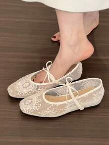 2026新款中国风网布刺绣方头平底鞋，仙气透气女士一脚蹬鞋 - 米色 - 查看 1