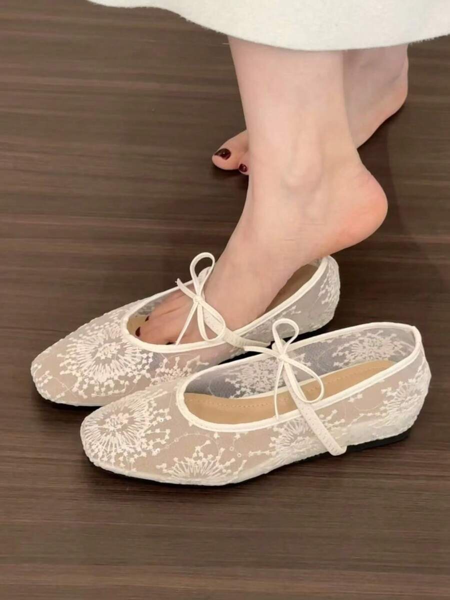 2026新款中国风网布刺绣方头平底鞋，仙气透气女士一脚蹬鞋 - 米色 - 查看 1