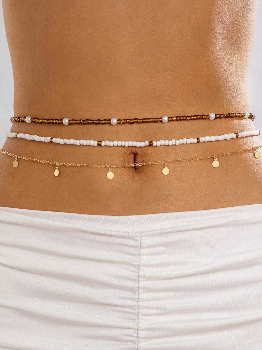 3pcs/Set Bohemian Style Resin Contrast Color Geometric Beaded Waist Chain, Suitable As Gift For Women On Beach Vacation