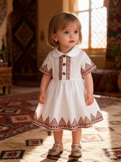 女宝宝复古棕色几何刺绣连衣裙，精致领口+泡泡袖设计，透气柔软面料，适合日常穿着、周岁生日派对、度假拍照等场合。