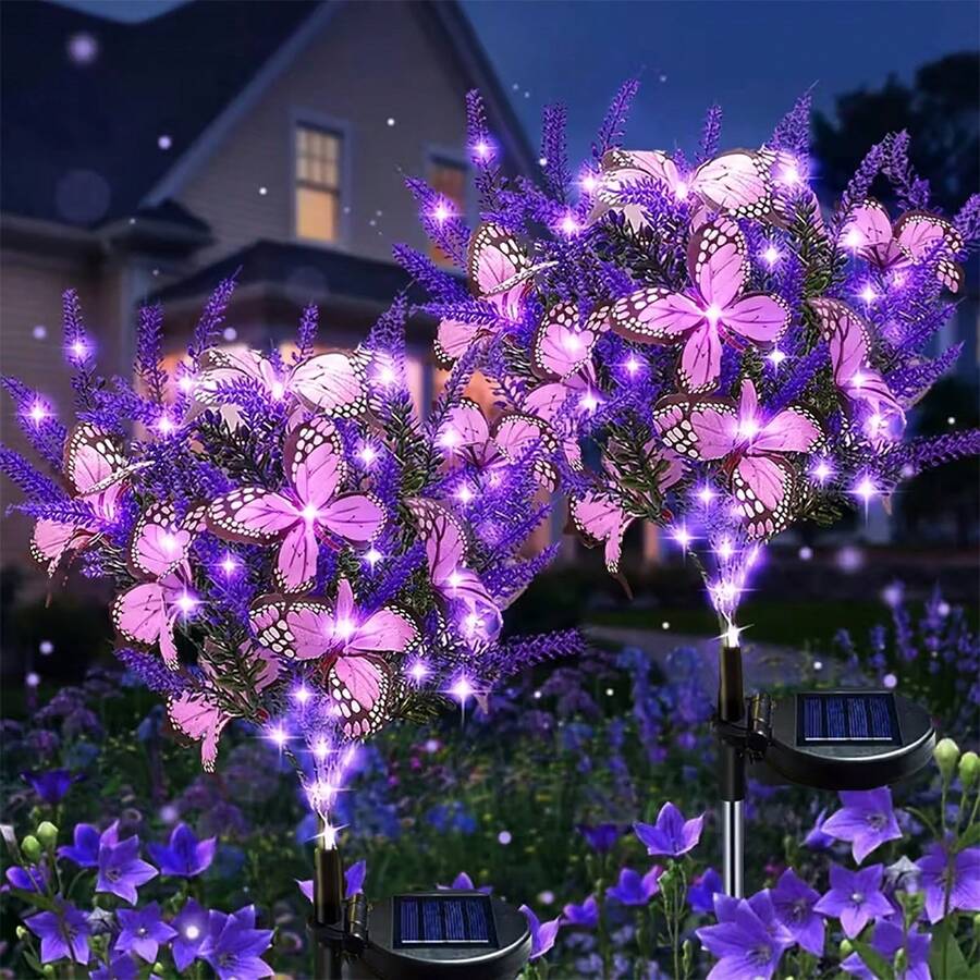 1pc Solar 7-Head Lavender With Butterfly Light, Lavender Butterfly Solar Ground Plug Light, LED Outdoor Anti Real Flower Landscape Light, Solar Garden Light Used For Outdoor Decoration Of Courtyard Gardens, Paths, Backyards, And Terraces. It Is The Best Gift For Mothers, Grandmothers, Women, Wives, Aunties, And Sisters - Purple Light - View 1