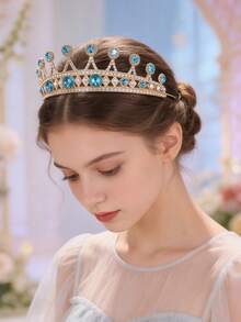 1pc European And American Bridal Bridesmaid Crown Headpiece, Alloy Rhinestone Hair Accessory For Evening Gown, Princess Style Hair Decoration - Blue - View 2