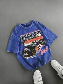 Retro DaleS Earnhardt #3 NASCARS 7 Championships Racing Car Graphic Tee,Casual Print,Comfortable And Versatile,Pure Cotton 220g Washed Printed T-Shirt - Blue - View 8
