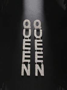 1 Đôi bông tai mặt dây chuyền chữ "QUEEN" bằng bạc pha lê sang trọng, quà tặng trang sức cho tiệc gala. - Bạc - Xem 4