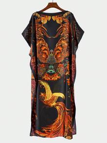 2件套女士复古优雅凤凰图腾印花仿丝头巾和长袍套装，春夏户外休闲度假防晒披肩围巾组合 - 彩色 - 查看 3