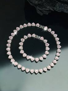 3件套优雅粉色心形吊坠项链耳环套装 | 奢华新娘首饰套装，采用锌合金和铜制成，是周年纪念日、生日、情人节或母亲节的理想礼物 - 愛心 - 查看 2