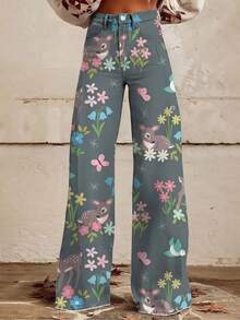 Plus Size, Women's Wide-Leg Flared Bell-Bottom Jeans-Trouser - 3D Forest Deer & Multicolor Full-Print, Wide-Stance Elastic Pants Suitable For Seasons, Machine Washable Comfortable For Casual/Formal Wear (Elegant Special Line) - 彩色 - 查看 3