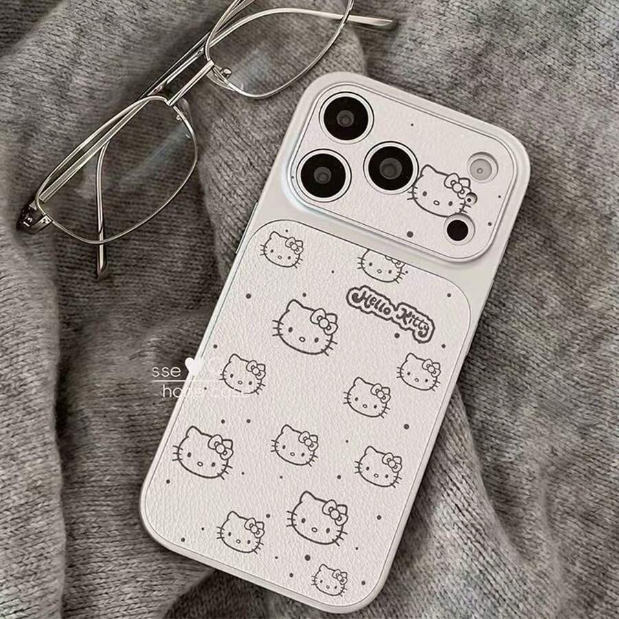 SANRIO 1件创意新款白色线条电镀边缘害羞小猫KT卡通奢华时尚手机壳,兼容 17 Pro Max、17 Pro、17 Air、17、16、15、14、13、12、11 Pro Max,高品质手机壳,花卉印花,优雅,手机壳,节日礼物,母亲节礼物 - 白色 - 查看 1