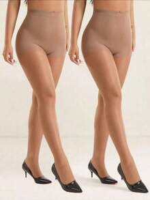 2双装女士性感透明连裤袜，时尚简约，舒适透气 - 杏色 - 查看 12