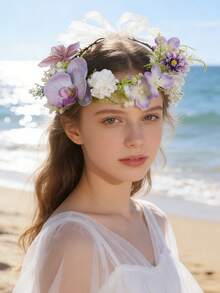 1pc Floral Wreath, Realistic Ruched Rose Bud, Hydrangea, Crabapple Flower Headband, Adjustable Satin Ribbon, Suitable For Beach, Photography, Fairy-Like Hair Accessory - Purple - View 3