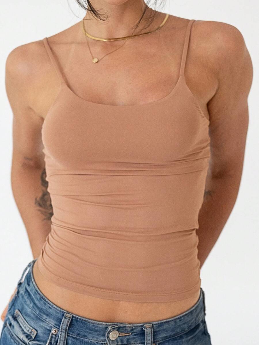 Thin Strap Tank Top In Polyamide, Blouse With Lining, Suplex Blouse - Mocha Mousse - View 1