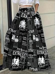 Women Random Print Minimalist Daily Wear High Waisted Long Pants, Elegant For Summer & Spring - 黑色 - 查看 8