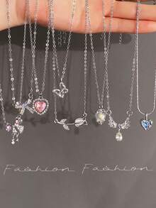 5-8pcs/Set Y2K Fashion Crystal Heart, Butterfly, Tulip, Bow Pendant Necklace Set, Shiny Jewelry Gift For Women, Suitable For Valentine's Day Party - 8pcs-aH23926 - Xem 5