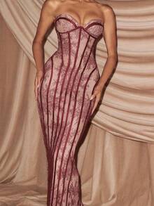 Lace Strapless Tight-Fitting Long Dress With Exquisite Vertical Lace Pattern, Bodycon Evening Party Dress For Women - Burgundy - View 3