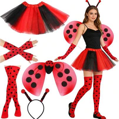 Bộ 7 món hóa trang nhân vật hoạt hình dễ thương hình bọ rùa chấm bi, gồm găng tay, tất, váy, băng đô cài tóc hình râu, cánh bọ rùa, thích hợp cho tiệc tùng, hóa trang, Halloween, lễ hội.