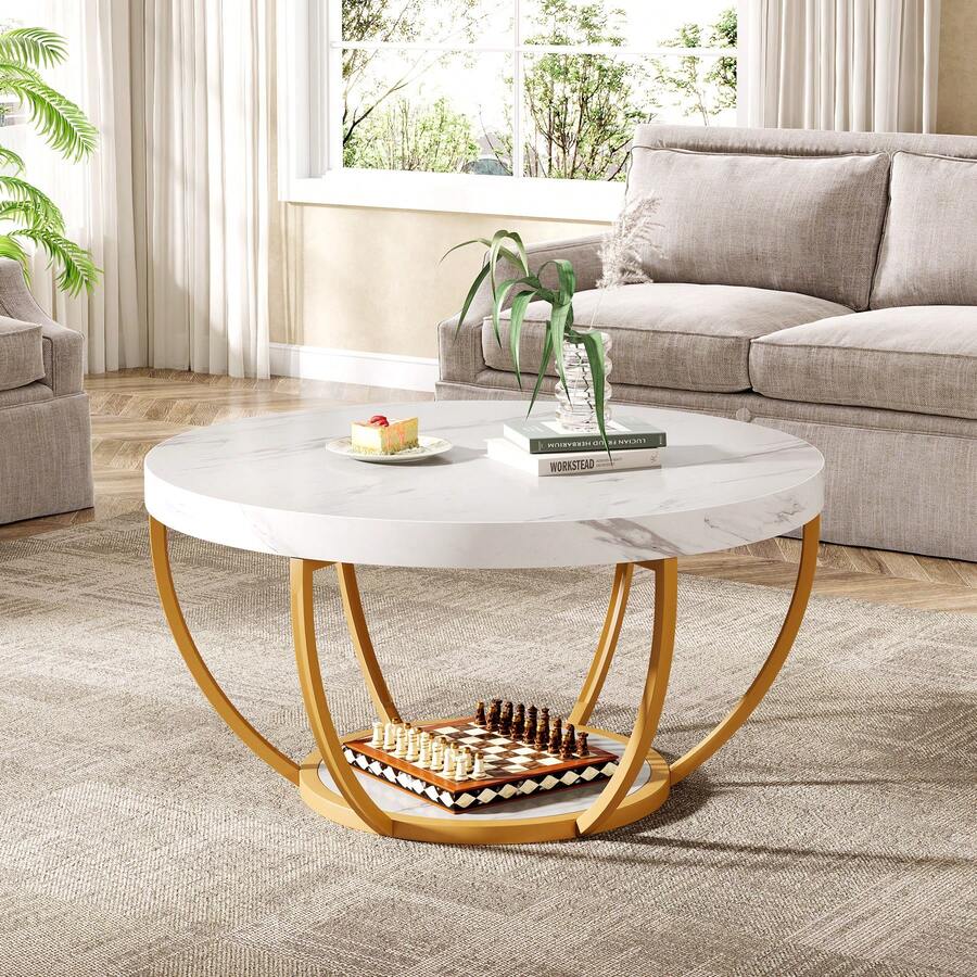 32" Round 2-Tier Coffee Table With Open Storage, Industrial Circle Accent Center Table For Living Room, Tea Table White & Gold With Metal Legs, Wood Top– Easy Assembly - Trắng và Vàng - Xem 1