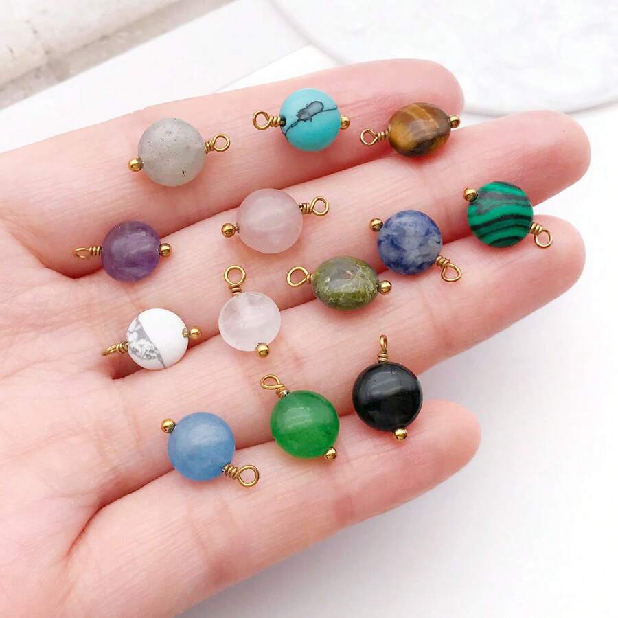 3 mặt dây chuyền đá tự nhiên hình tròn dẹt bằng thép không gỉ, dùng để làm khuyên tai, vòng cổ, vòng tay, trang sức, kích thước 9x12mm.