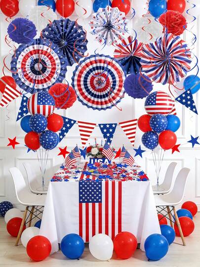 4th Of July Patriotic Decoration Set - American Independence Day Party Supplies, Red White Blue Paper Fans, Hanging Swirls, Star Garland, Paper Flower Balls, American Flag Bunting, Independence Day, Memorial Day
