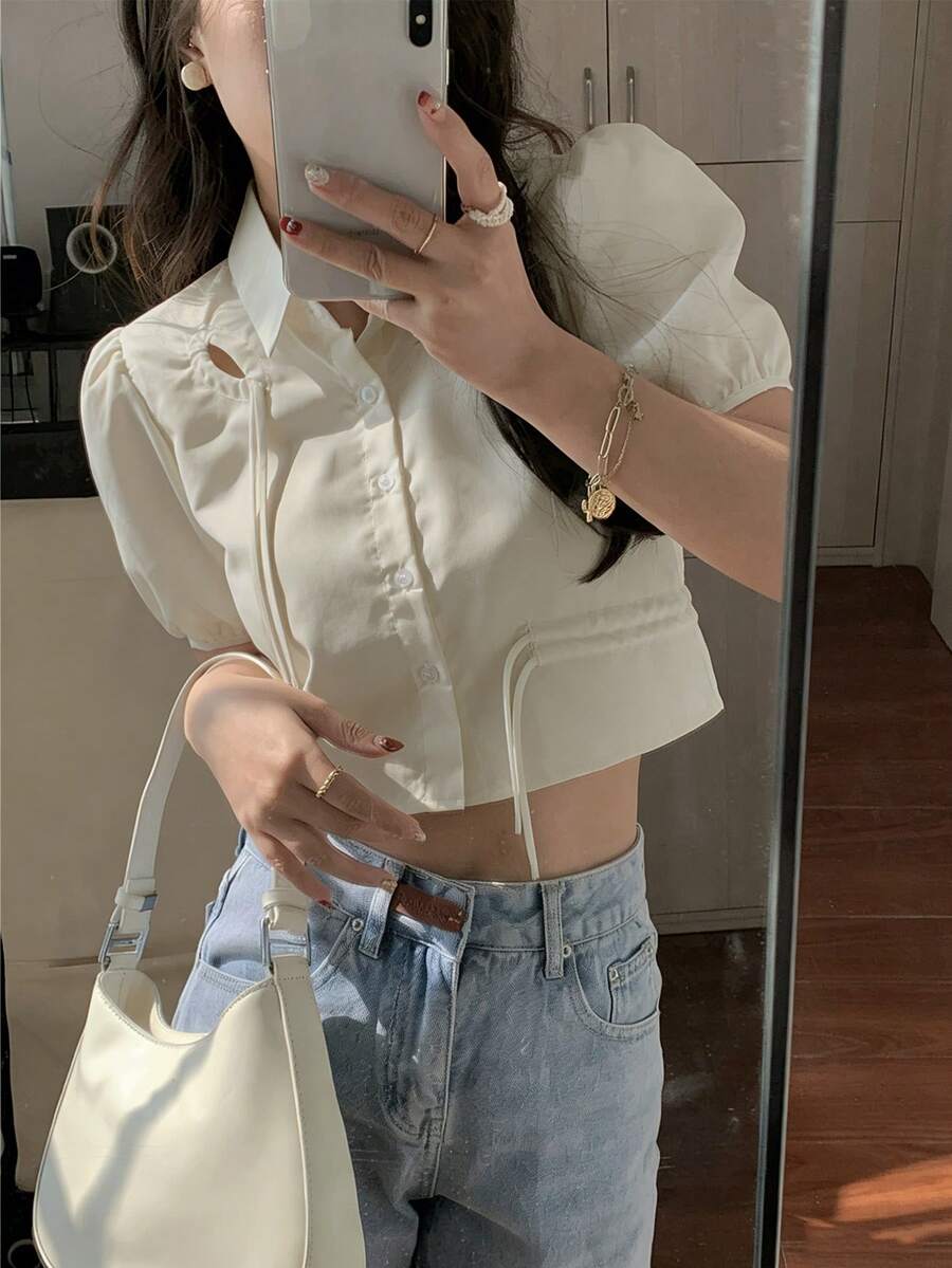 Solid Color Front Drawstring Tie Cropped Shirt, Spring/Summer - Apricot - View 1